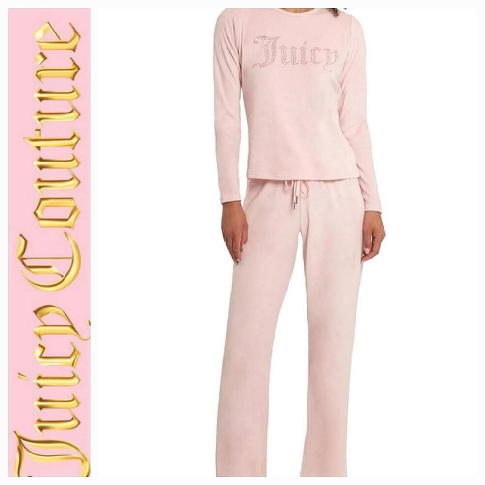 Juicy Couture Monogram Rhinestone Logo Velour L/S Top & Pant PJ Set